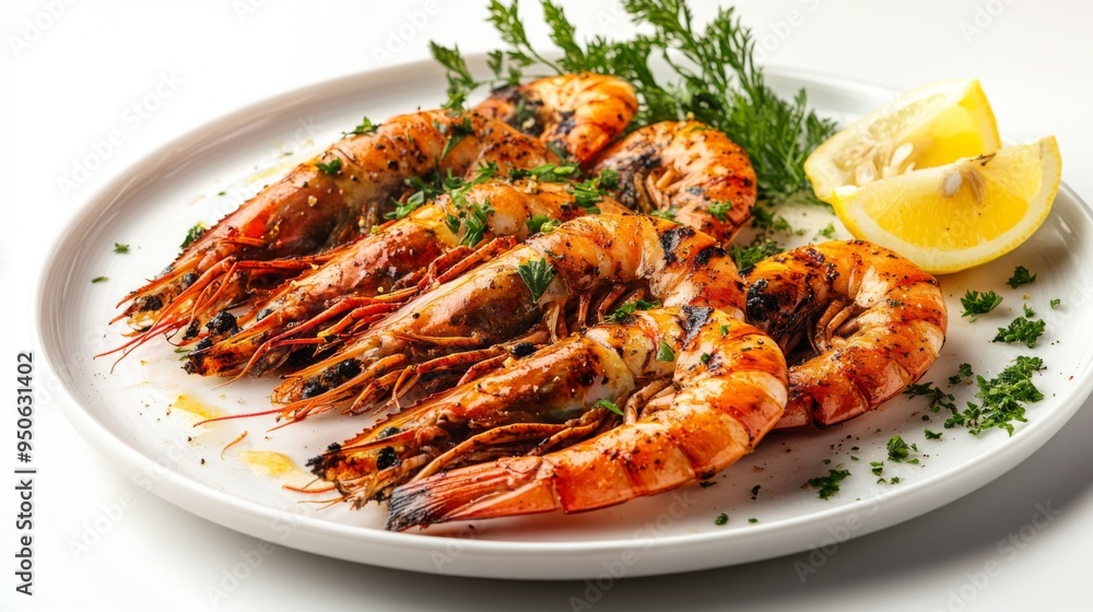 A steaming hot plate of grilled prawns with a rich, smoky flavor, presented on a white background with a garnish of fresh herbs and lemon wedges. A steaming hot plate of grilled prawns with a rich, smoky flavor, presented on a white background with a garnish of fresh herbs and lemon wedges.