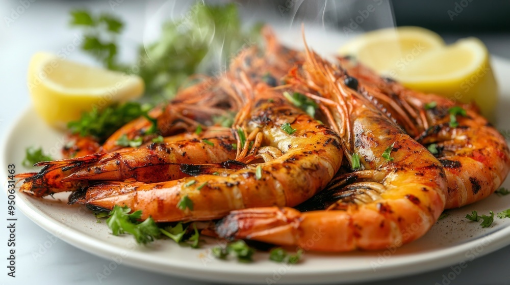 A steaming hot plate of grilled prawns with a rich, smoky flavor, presented on a white background with a garnish of fresh herbs and lemon wedges. A steaming hot plate of grilled prawns with a rich, smoky flavor, presented on a white background with a garnish of fresh herbs and lemon wedges.