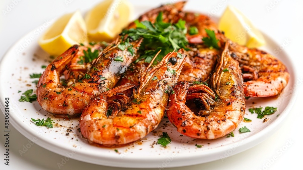 A steaming hot plate of grilled prawns with a rich, smoky flavor, presented on a white background with a garnish of fresh herbs and lemon wedges. A steaming hot plate of grilled prawns with a rich, smoky flavor, presented on a white background with a garnish of fresh herbs and lemon wedges.