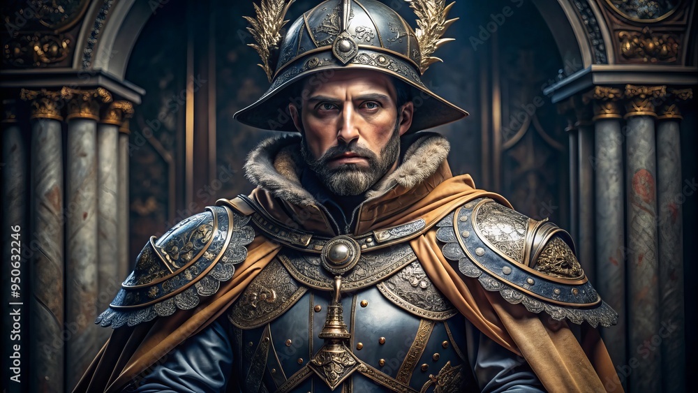 Richly ornamented knight's armor, intricately embroidered cloak, and pointed hat adorn a regal figure, transporting viewers to a majestic medieval era of chivalry and honor. Richly ornamented knight's armor, intricately embroidered cloak, and pointed hat adorn a regal figure, transporting viewers to a majestic medieval era of chivalry and honor.
