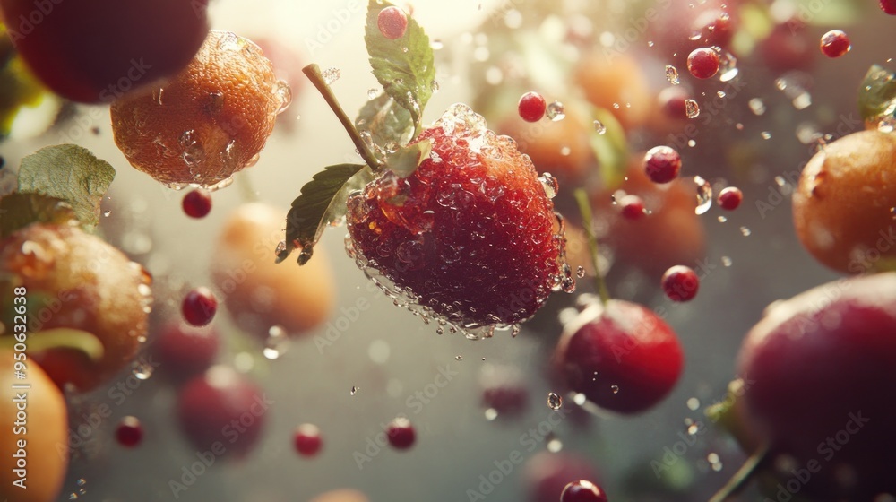 A Strawberry, Cherries, and Citrus Fruits Suspended in Water Droplets A Strawberry, Cherries, and Citrus Fruits Suspended in Water Droplets