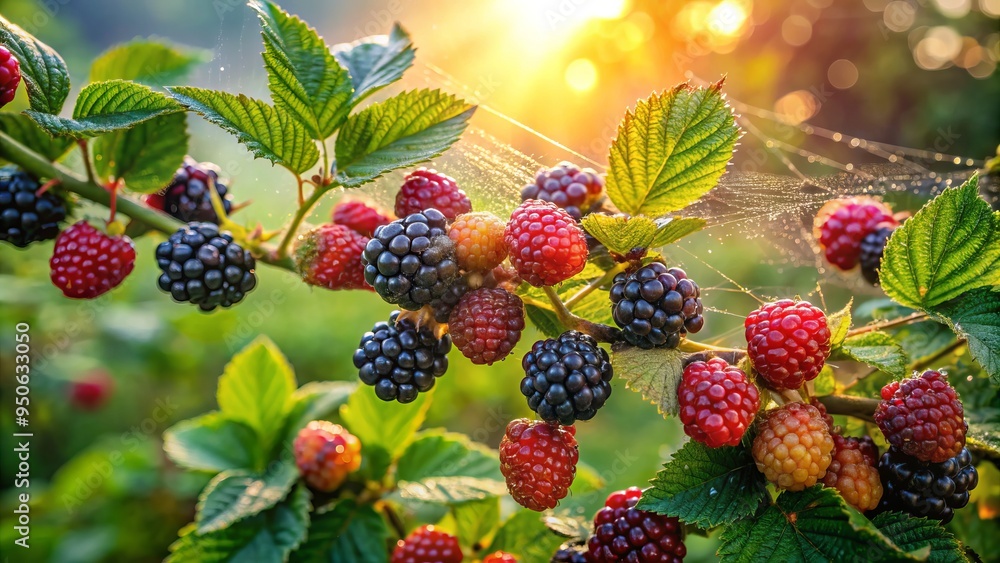 Ripe dewberries cluster on a delicate, thorny vine, surrounded by lush green leaves, glistening with morning dew in a serene, sunlit forest landscape. Ripe dewberries cluster on a delicate, thorny vine, surrounded by lush green leaves, glistening with morning dew in a serene, sunlit forest landscape.