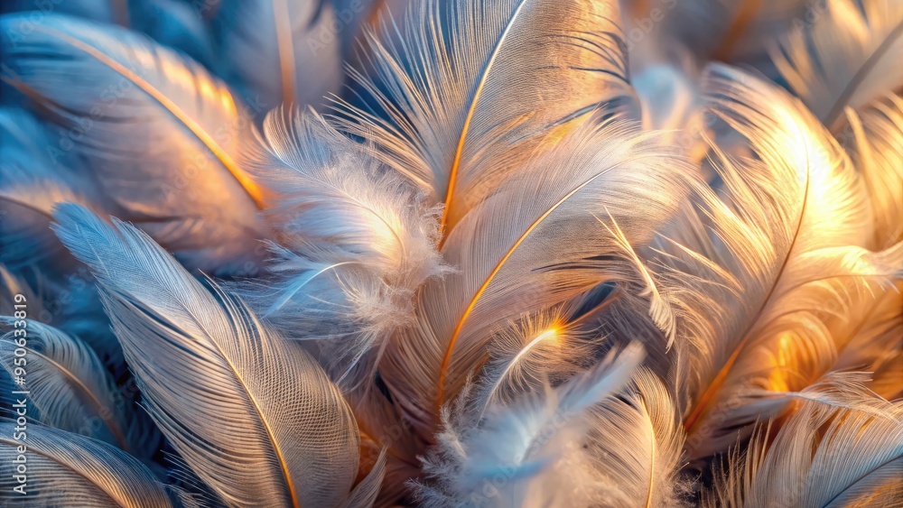 Fototapeta premium Delicate, intricately patterned feather textures and soft, downy plumage fill the frame, showcasing nature's gentle beauty in stunning, high-contrast, extreme close-up detail.