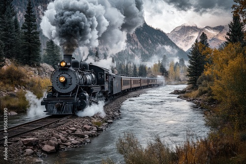 Durango Train. Historic Steam Engine Chugging Along Colorado River photo