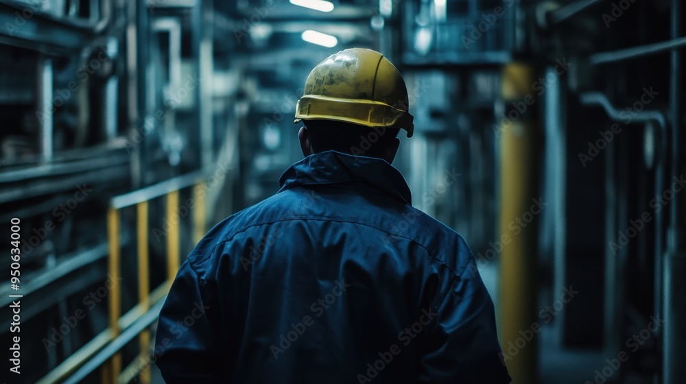 Industrial Worker Navigating Dimly Lit Facility Hallway