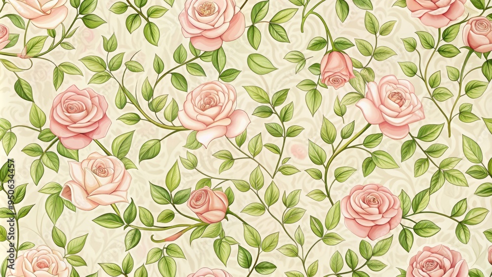 Delicate, intricate rose pattern with intertwining stems and leaves in soft pink and green hues, perfect for embellishing scrapbook pages and cards.