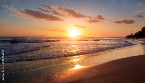 realistic beach sunset scene with shimmering ocean landscape captured during the tranquil dusk