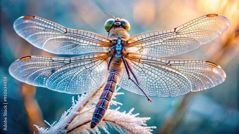 Delicate iridescent scales glimmer on a dragonfly's intricate wing, showcasing its lacy network of veins and microscopic hairs, frozen in mid-beat against a soft background. Delicate iridescent scales glimmer on a dragonfly's intricate wing, showcasing its lacy network of veins and microscopic hairs, frozen in mid-beat against a soft background.