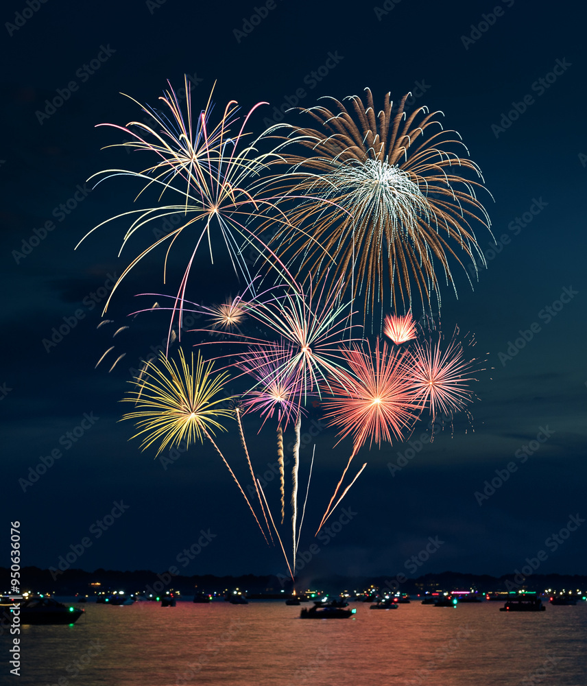 Fireworks Against Sky with Boats and Reflections 16-38