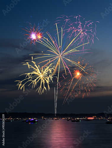 Obraz na płótnie Fireworks Against Blue-Black with Shoreline and Reflections 14-30 w salonie