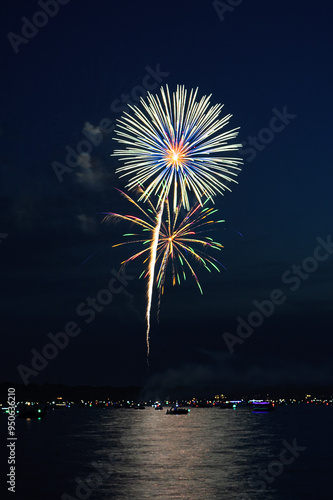 Obraz na płótnie Fireworks That Look Like Blooming Dandelion Explode Over Lake w salonie