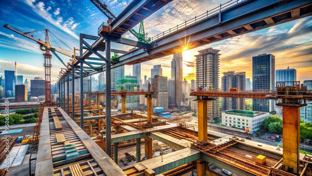 Rugged steel beams rise above a bustling urban landscape as cranes and excavators transform the cityscape amidst a sea of concrete and scaffolding. Rugged steel beams rise above a bustling urban landscape as cranes and excavators transform the cityscape amidst a sea of concrete and scaffolding.