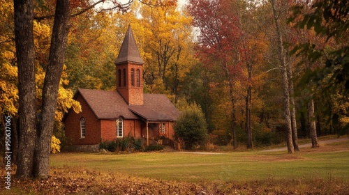 Southern Baptist Church in Autumn: Rural Setting with Foliage and Seasonal Charm photo