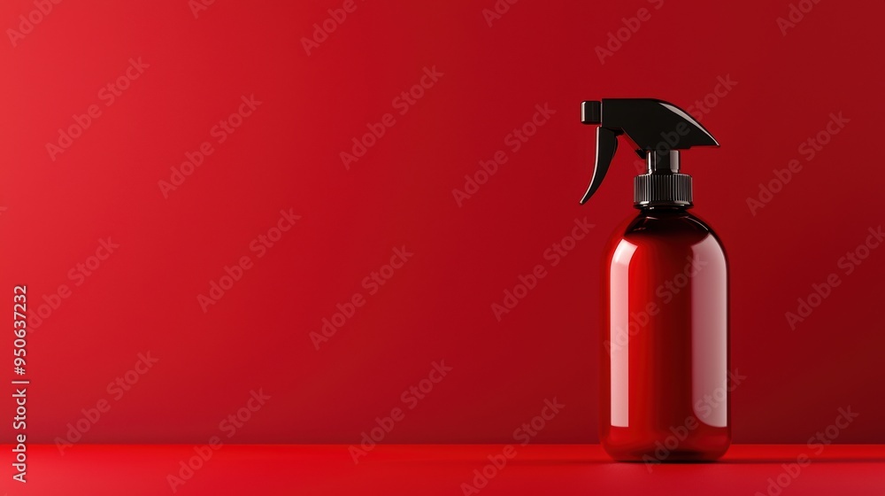 Minimalistic Red Background with Freestanding Red Spray Bottle on Solid Red Surface