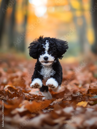 Süßer kleiner Hund springt durchs Laub photo