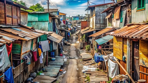 Rundown shantytown houses with corrugated iron roofs and makeshift walls made of scavenged materials line a narrow, trash-filled alleyway in a Filipino slum.