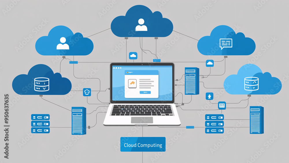 Laptop Connected to 3D Clouds Illustrating Storage, Security, and Accessibility in Cloud Management Laptop Connected to 3D Clouds Illustrating Storage, Security, and Accessibility in Cloud Management