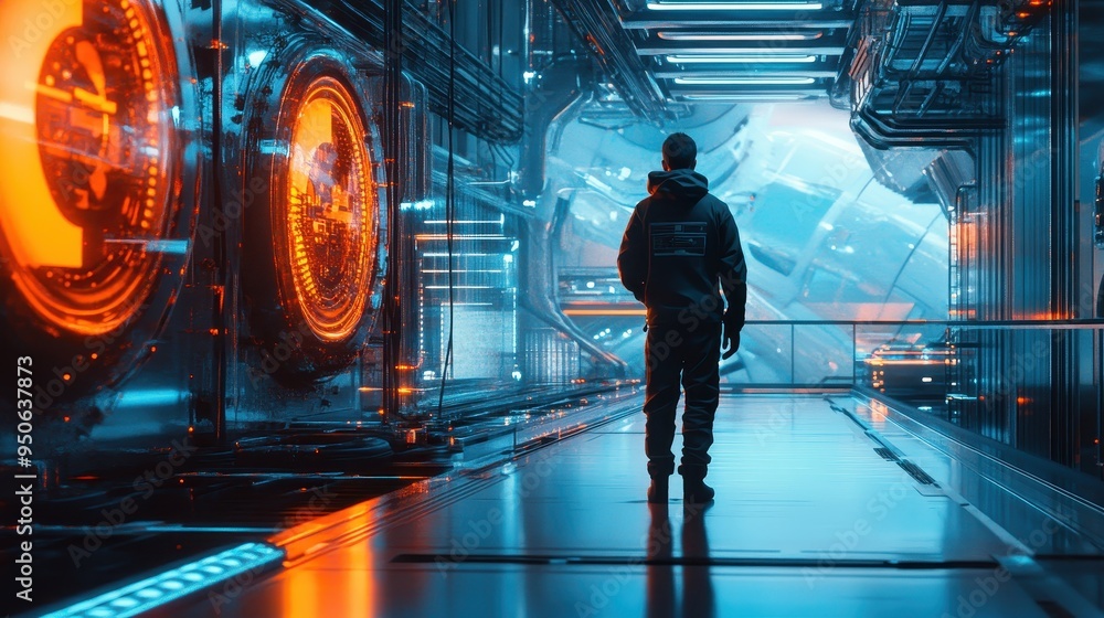 Futuristic Sci-Fi Corridor with Silhouetted Figure Futuristic Sci-Fi Corridor with Silhouetted Figure