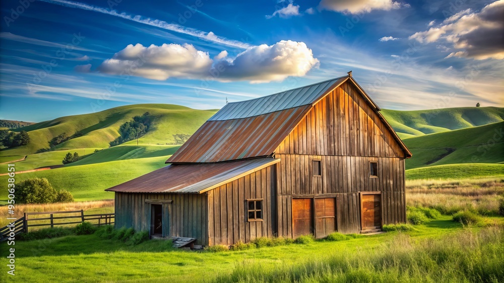 Rustic weathered barn with corrugated metal roof and wooden doors amidst lush green rolling hills and fields under a clear blue cloudless sky. Rustic weathered barn with corrugated metal roof and wooden doors amidst lush green rolling hills and fields under a clear blue cloudless sky.