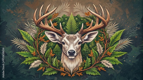 Rustic, vintage-style logo featuring a majestic whitetail deer's antlered head, surrounded by foliage and abstract elements, evoking a sense of wilderness and outdoor adventure. photo