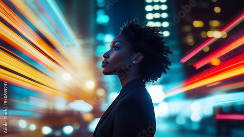 black businesswoman in vibrant city at night with light trails and dynamic shadows photo