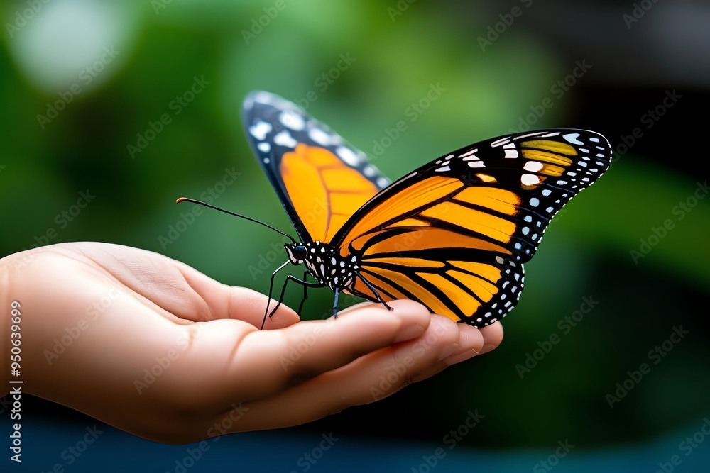 Obraz premium Butterfly landing on a childâ€™s hand, illustrated with a sense of wonder and connection, showing the gentle interaction between humans and nature