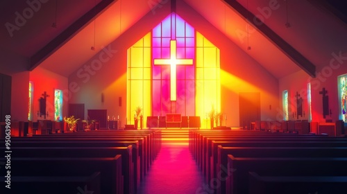 Christian Volunteer. Church at Home Background with Sunday Service, Jesus Christ, and Catholic Cross