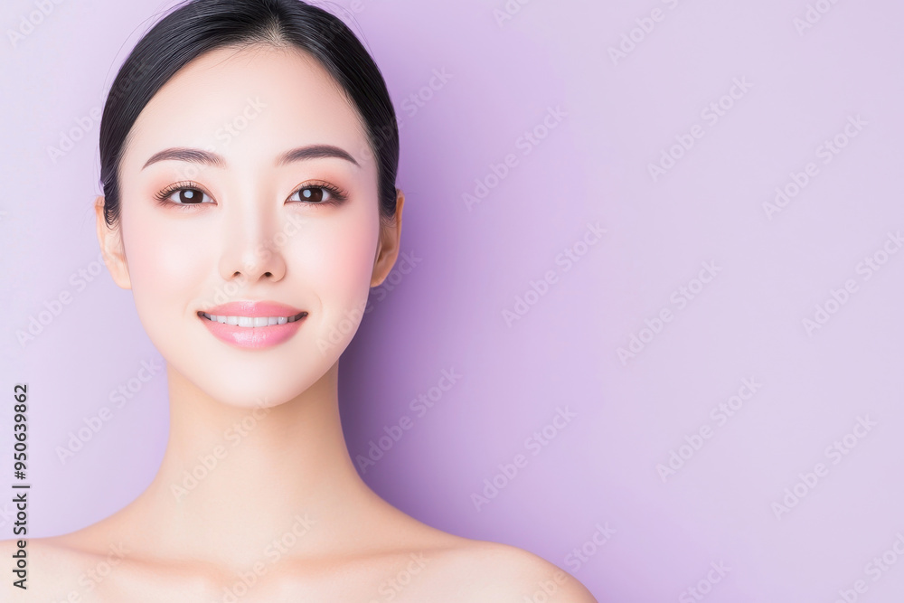 A close-up portrait of an asian woman with flawless skin against a soft purple background, exuding beauty and confidence. A close-up portrait of an asian woman with flawless skin against a soft purple background, exuding beauty and confidence.