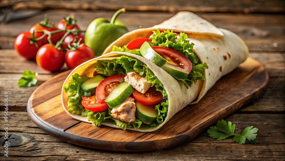 Savory grilled chicken wrapped in a crispy flour tortilla with crunchy lettuce, juicy tomato, and creamy avocado, served on a rustic wooden tabletop. Savory grilled chicken wrapped in a crispy flour tortilla with crunchy lettuce, juicy tomato, and creamy avocado, served on a rustic wooden tabletop.