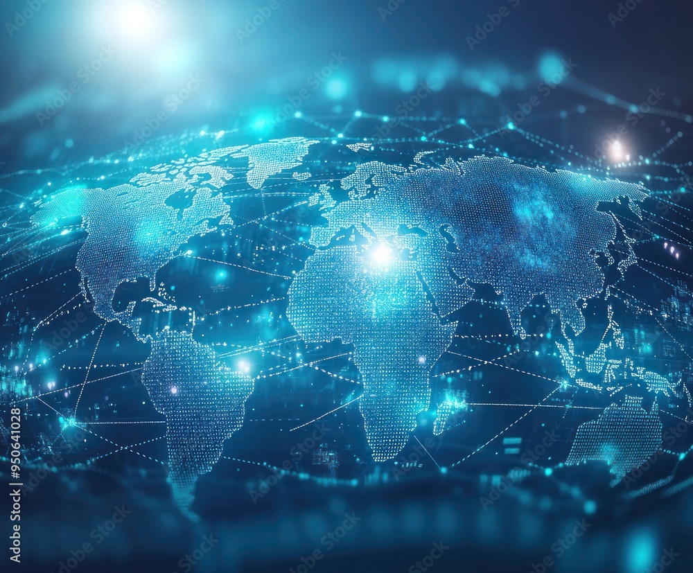 A blue background with the world map on it, highlighting global network and connectivity A blue background with the world map on it, highlighting global network and connectivity