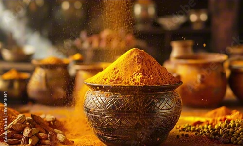 Vibrant golden turmeric powder in rustic bowl representing holistic health