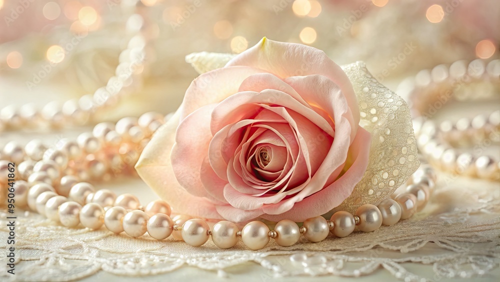 Delicate, soft-focus image of a pink rose surrounded by intricate, white lace and pearls, set against a cream-colored background, evoking vintage elegance and romance. Delicate, soft-focus image of a pink rose surrounded by intricate, white lace and pearls, set against a cream-colored background, evoking vintage elegance and romance.