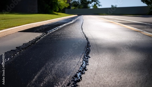 freshly applied black sealcoat glistens on a newly restored asphalt driveway with clean edges and subtle texture visible photo