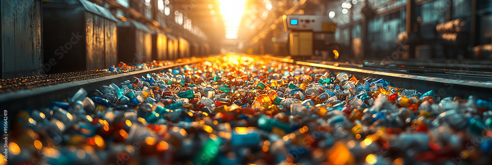 custom made wallpaper toronto digitalColorful Plastic Bottles in Factory, Sunset Reflection, Glossy and Vibrant, Industrial Setting, Rows of Containers, Recycling Concept, Warm Tones