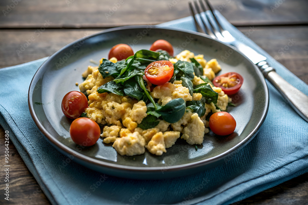 A plate of food with spinach, tomatoes, and eggs. The plate is on a wooden table A plate of food with spinach, tomatoes, and eggs. The plate is on a wooden table