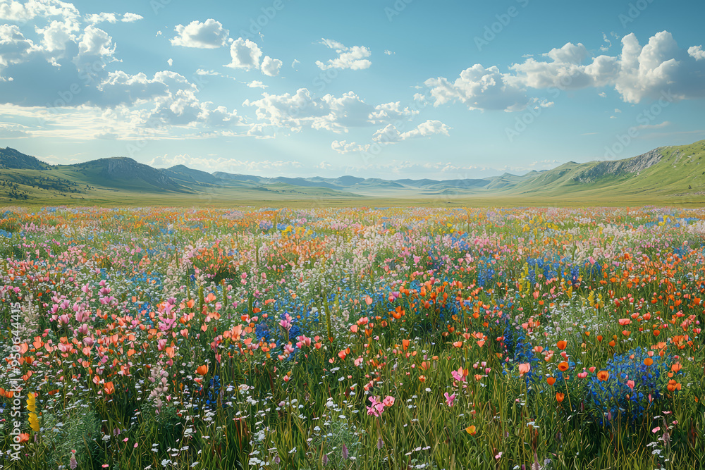 Fototapeta premium A wide plain dotted with wildflowers and grasses, stretching as far as the eye can see. Concept of Earth's grasslands and open spaces.