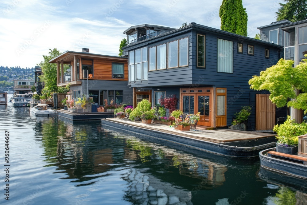 Seattle Waterfront Home. Architectural Houseboats on South Lake Union in the City Landscape Seattle Waterfront Home. Architectural Houseboats on South Lake Union in the City Landscape