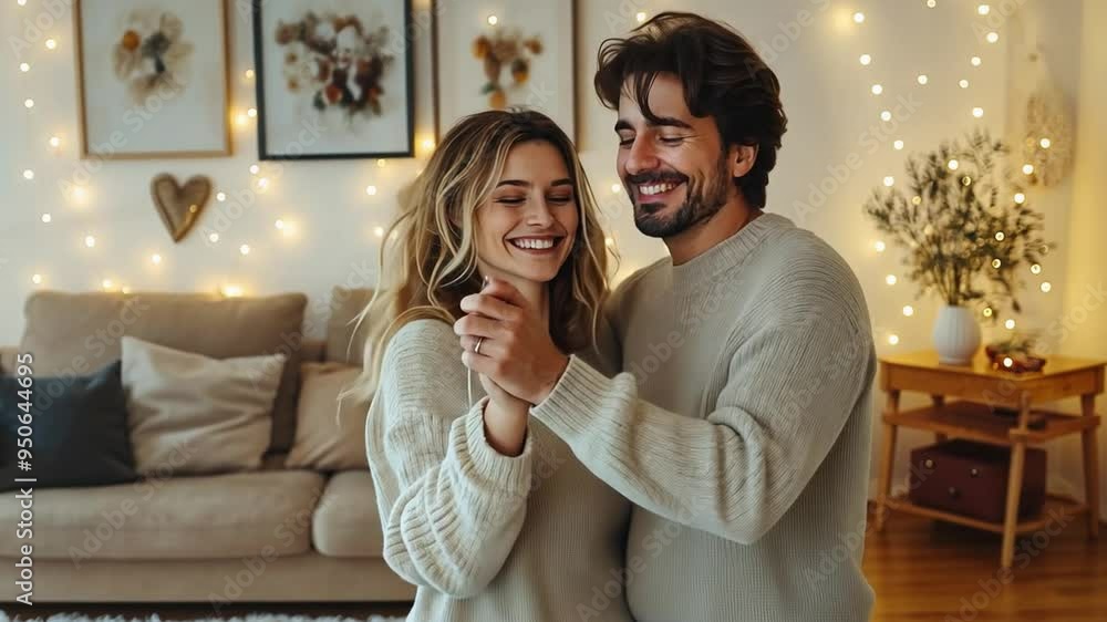 Happy couple dancing and smiling in cozy living room with fairy lights Happy couple dancing and smiling in cozy living room with fairy lights