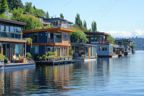 Seattle Waterfront Home. Beautiful Houseboats on South Lake Union with City Skyline in Background