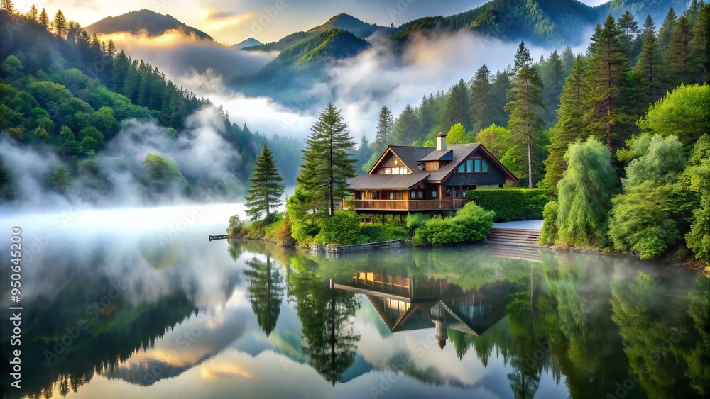Fototapeta premium Serene mountain lodge surrounded by lush greenery and misty fog, with a tranquil lake in the distance, perfect for a relaxing wellness retreat.
