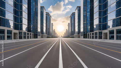 Modern Urban Cityscape with Reflective Skyscrapers and an Empty Street