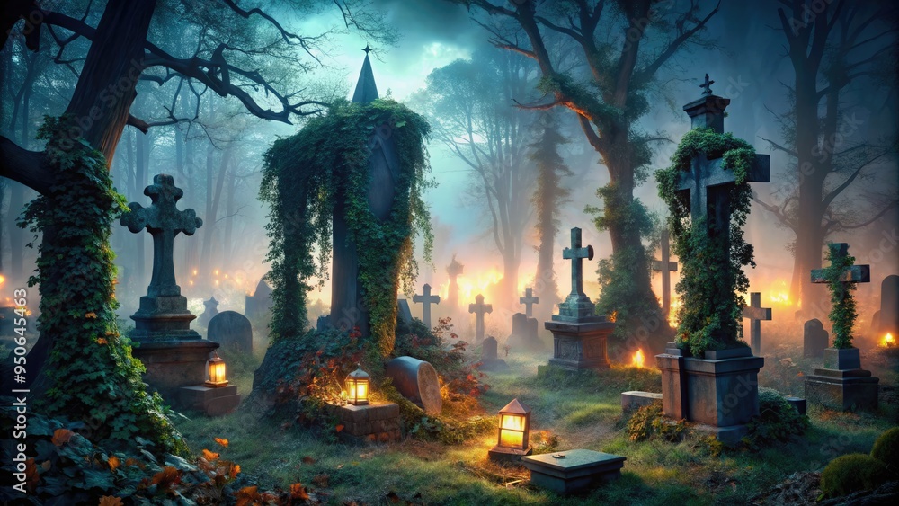 Obraz premium Eerie fog-shrouded graveyard at dusk, with crumbling stone crosses, overgrown ivy, and twisted trees, creating a hauntingly spooky atmosphere on Halloween night.
