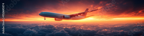 Commercial Aircraft Soaring Through Sunset Clouds with Majestic Golden and Orange Hues in the Serene Evening Sky photo