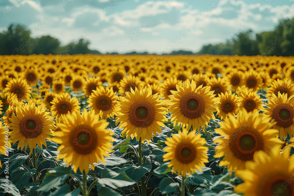 Obraz premium A sunflower field under a clear sky, with each bloom facing the sun. Concept of Earth's flora and the cycle of life.