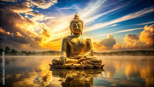 Serenity fills the air as a majestic golden Buddha statue's peaceful face exudes tranquility, wisdom, and enlightenment, radiating calmness in a serene atmosphere.