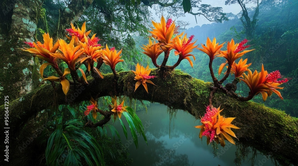 Vibrant Bromeliads Adorn a Moss-Covered Branch Over a Tranquil Pond Vibrant Bromeliads Adorn a Moss-Covered Branch Over a Tranquil Pond