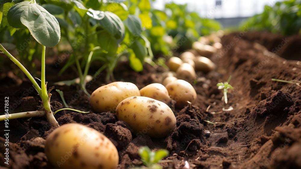 Ripe Potatoes in farm garden soil Food Crop Vegetable Harvest Farming Organic Produce Agriculture Industry Ripe Potatoes in farm garden soil Food Crop Vegetable Harvest Farming Organic Produce Agriculture Industry
