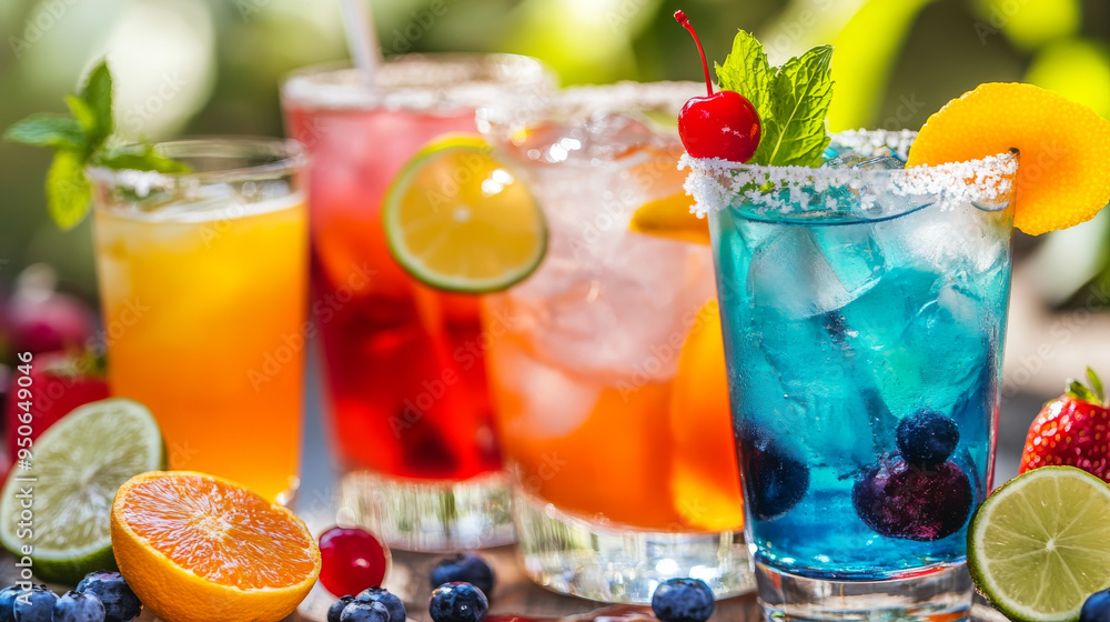 Imagine a vibrant collection of cocktail drinks, each one bursting with color and refreshing appeal. There's a tall glass of iced tea, garnished with fresh mint leaves and a slice of orange, giving of Imagine a vibrant collection of cocktail drinks, each one bursting with color and refreshing appeal. There's a tall glass of iced tea, garnished with fresh mint leaves and a slice of orange, giving of