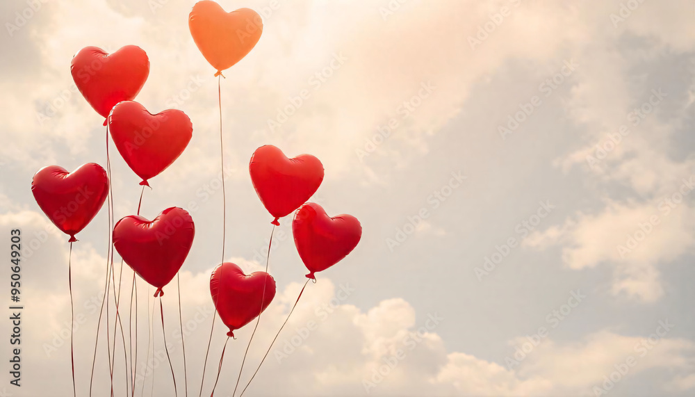Red heart-shaped balloons floating in a cloudy sky, creating a romantic and whimsical atmosphere Red heart-shaped balloons floating in a cloudy sky, creating a romantic and whimsical atmosphere