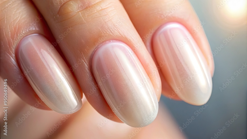 Extreme close-up of a clean, shiny, and polished fingernail with perfectly smooth cuticle and delicate skin folds, against a soft, blurred background. Extreme close-up of a clean, shiny, and polished fingernail with perfectly smooth cuticle and delicate skin folds, against a soft, blurred background.